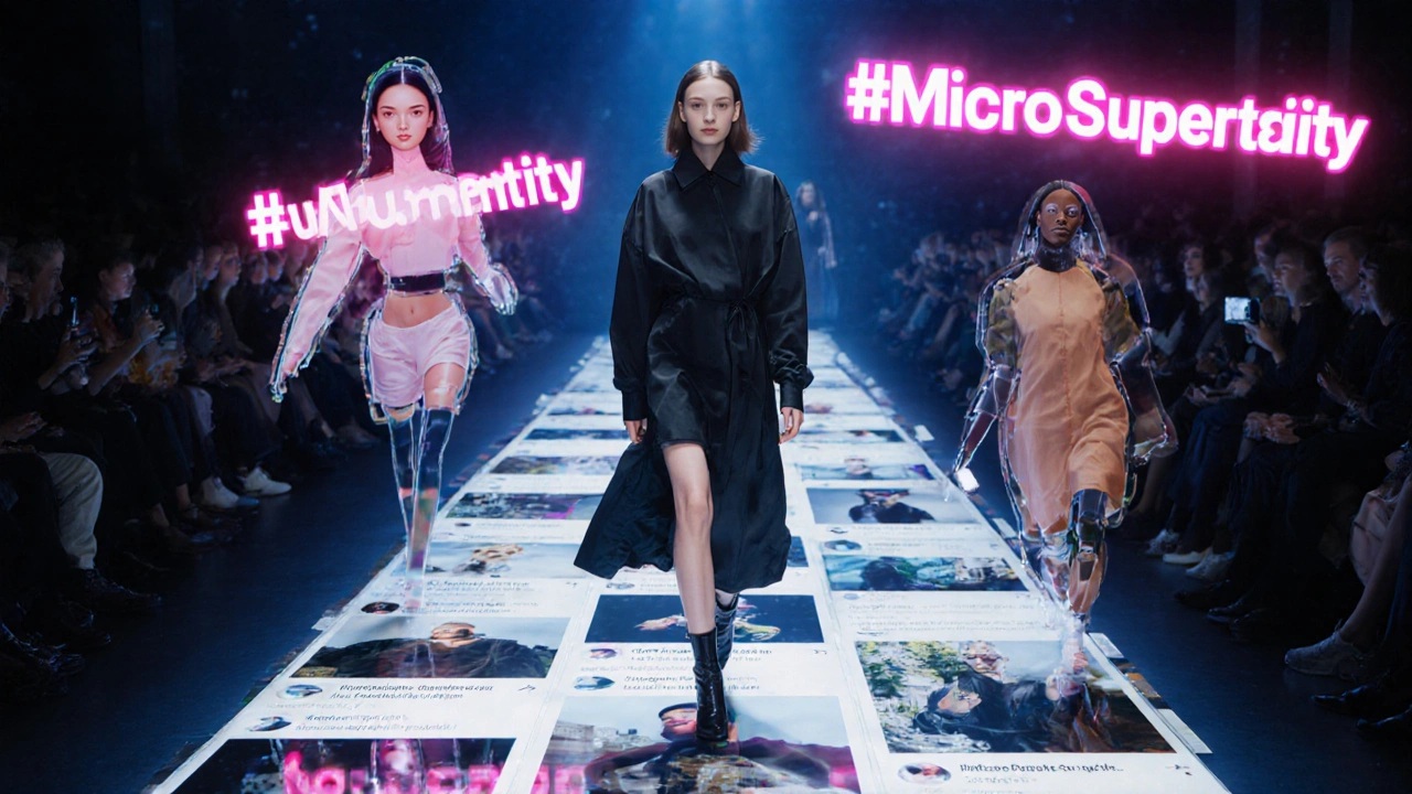 Surreal fusion of runway and Instagram feed with real and digital models side by side