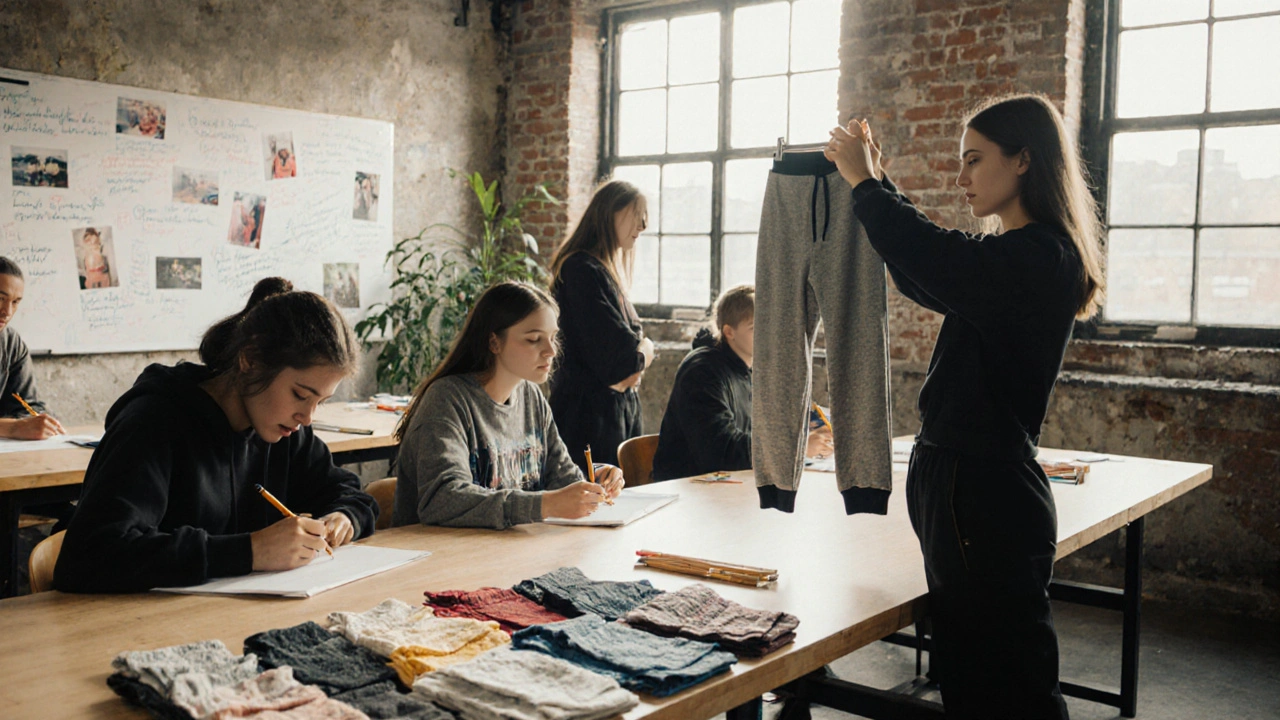 Teen models collaborate with designers in a studio, sketching clothing prototypes and reviewing fabric swatches under bright daylight.
