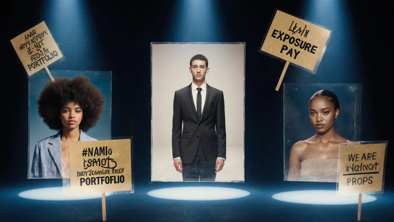 Three diverse teen models stand in individual spotlights with protest signs floating around them, symbolizing their movement for change.