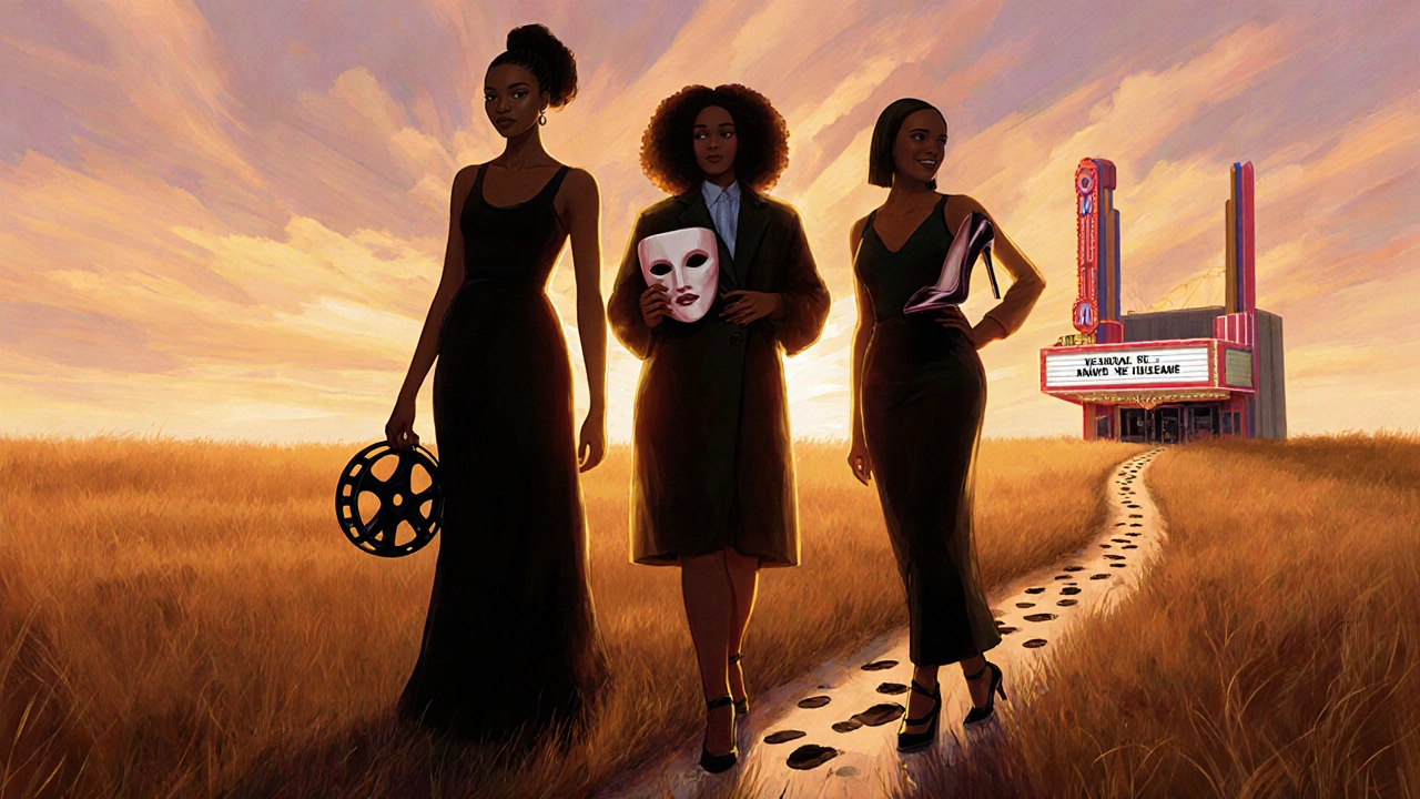 Three model-actresses in a dusk field, symbolizing their transition from runway to screen.