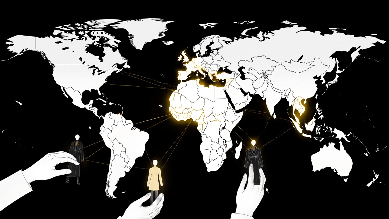 Translucent hands from UK cities connect to a glowing London runway, symbolizing global fashion influence.