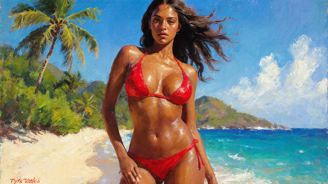 Tyra Banks standing confidently on a tropical beach in a red bikini, ocean and greenery behind her.