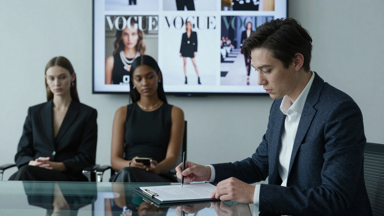 A casting director reviewing portfolios in a Mayfair office with models waiting nearby.