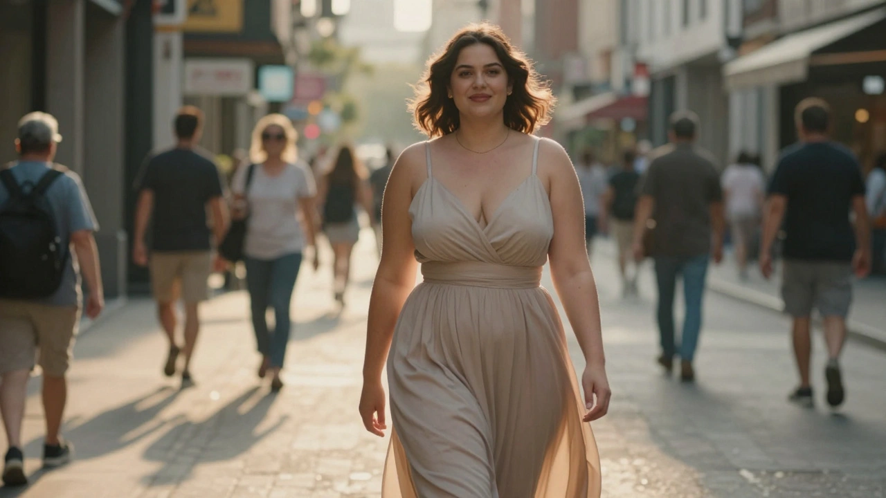 A curvy woman standing proudly in sunlight on a city street, wearing a flowing dress.