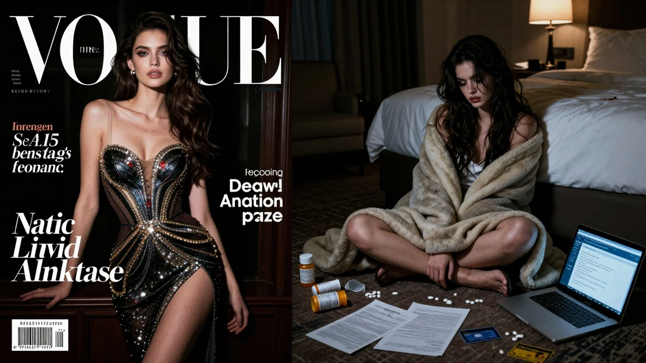 A glamorous magazine cover contrasts with the same model crying alone in a hotel room at night, surrounded by evidence of stress.