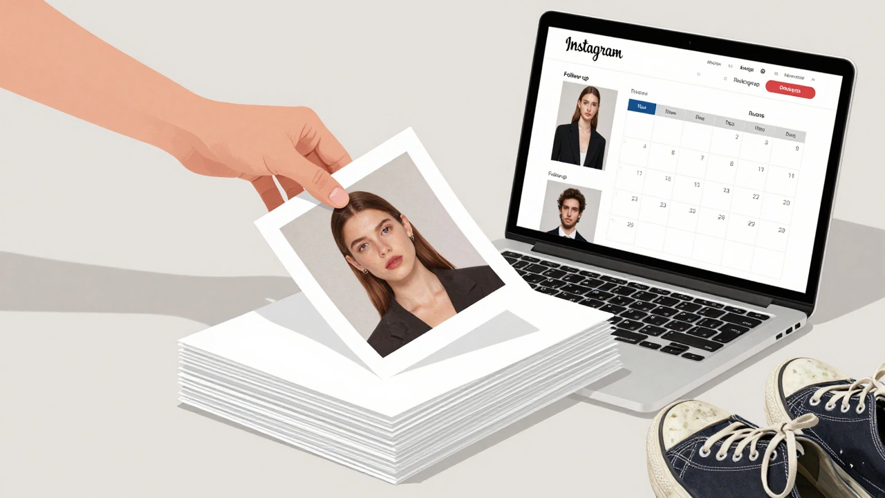 A hand placing a photo into a growing stack of portfolios, symbolizing persistence and professional preparation.