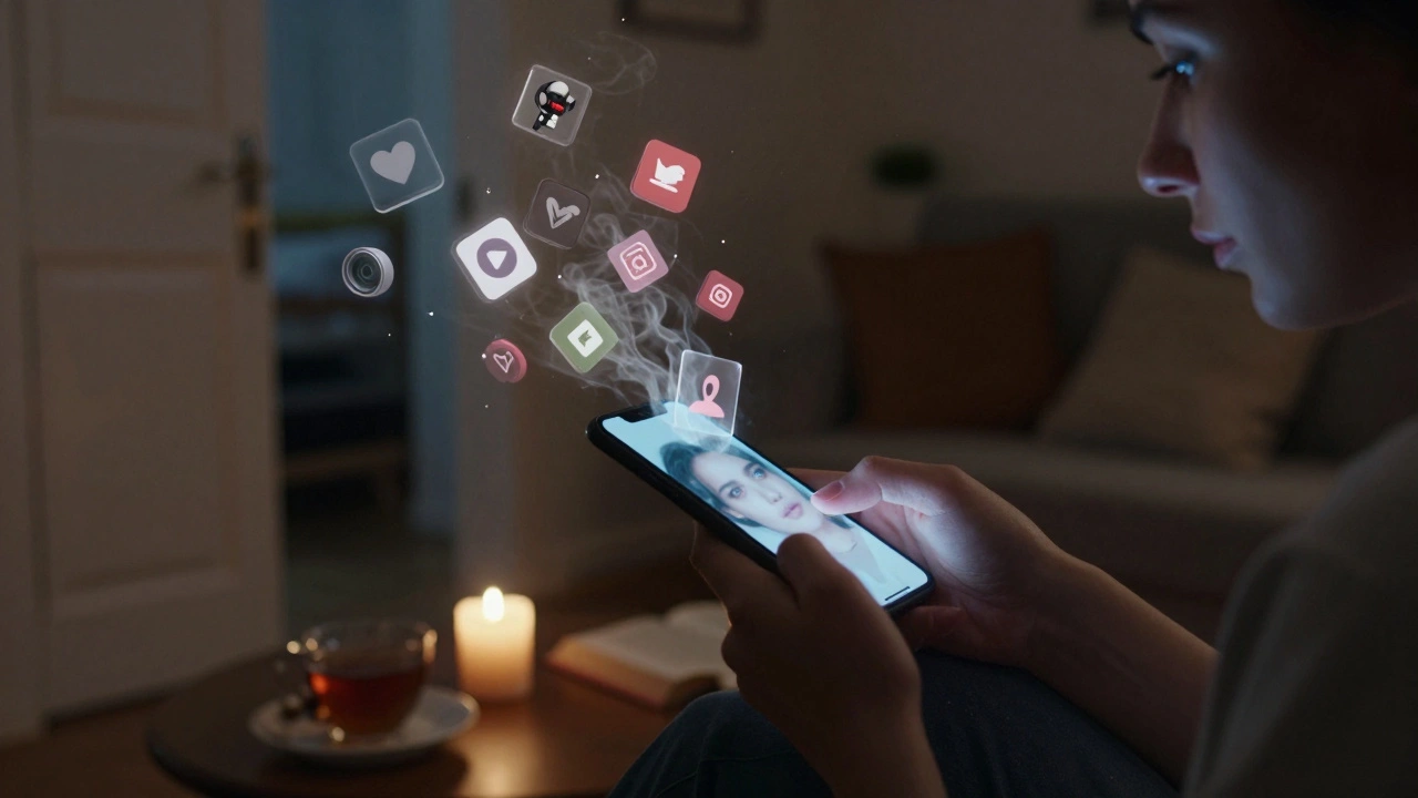 A hand turning off a smartphone, with fading social media icons around it, as a cozy room glows softly behind a cracked door.