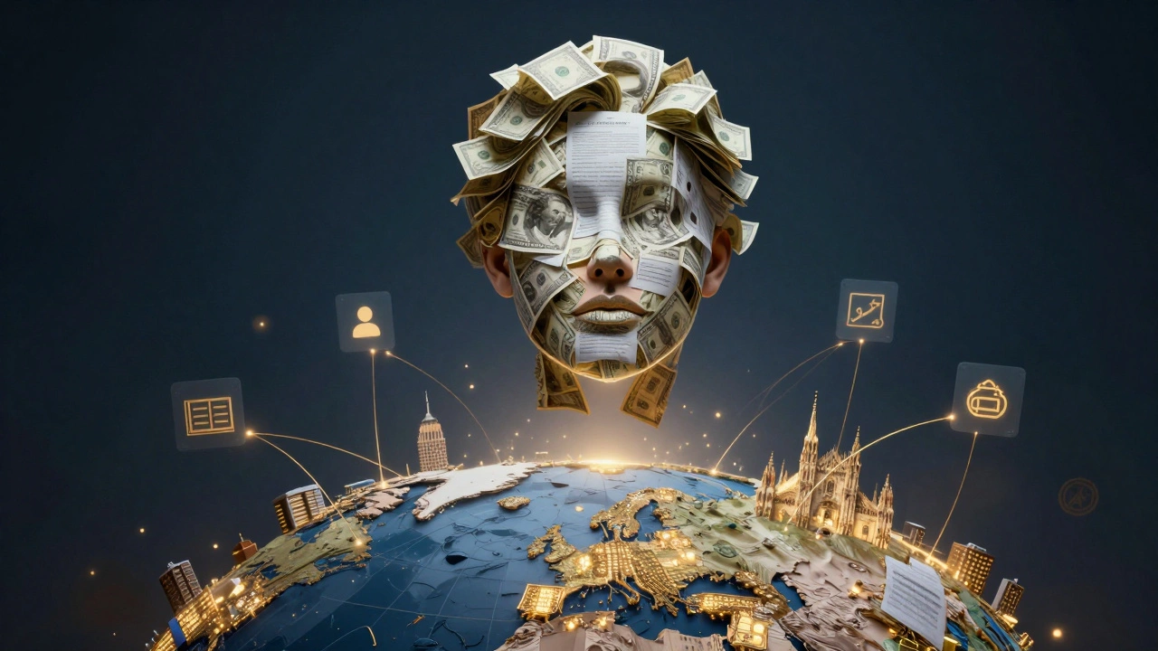 A human face made of money, contracts, and social media icons, connected to global fashion cities by golden threads.