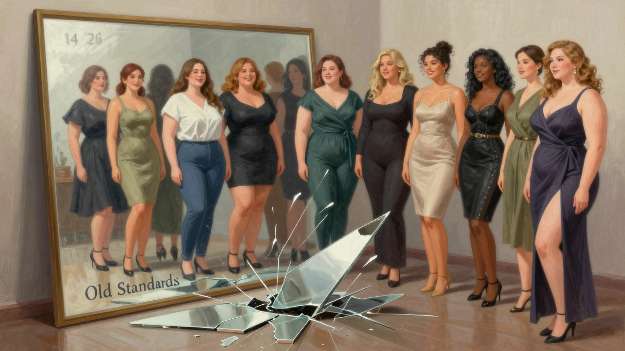 A mirror reflecting diverse body types in fashionable attire, with broken standards at their feet.
