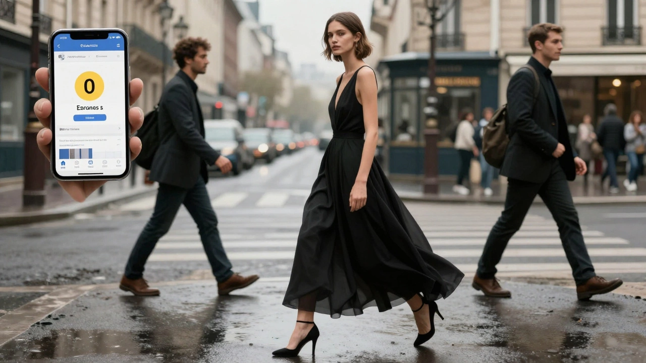 A model in a designer gown walks through rainy Paris, holding a phone showing <h2>Short Career Span, Long-Term Planning</h2> earnings while others pass by unnoticed.