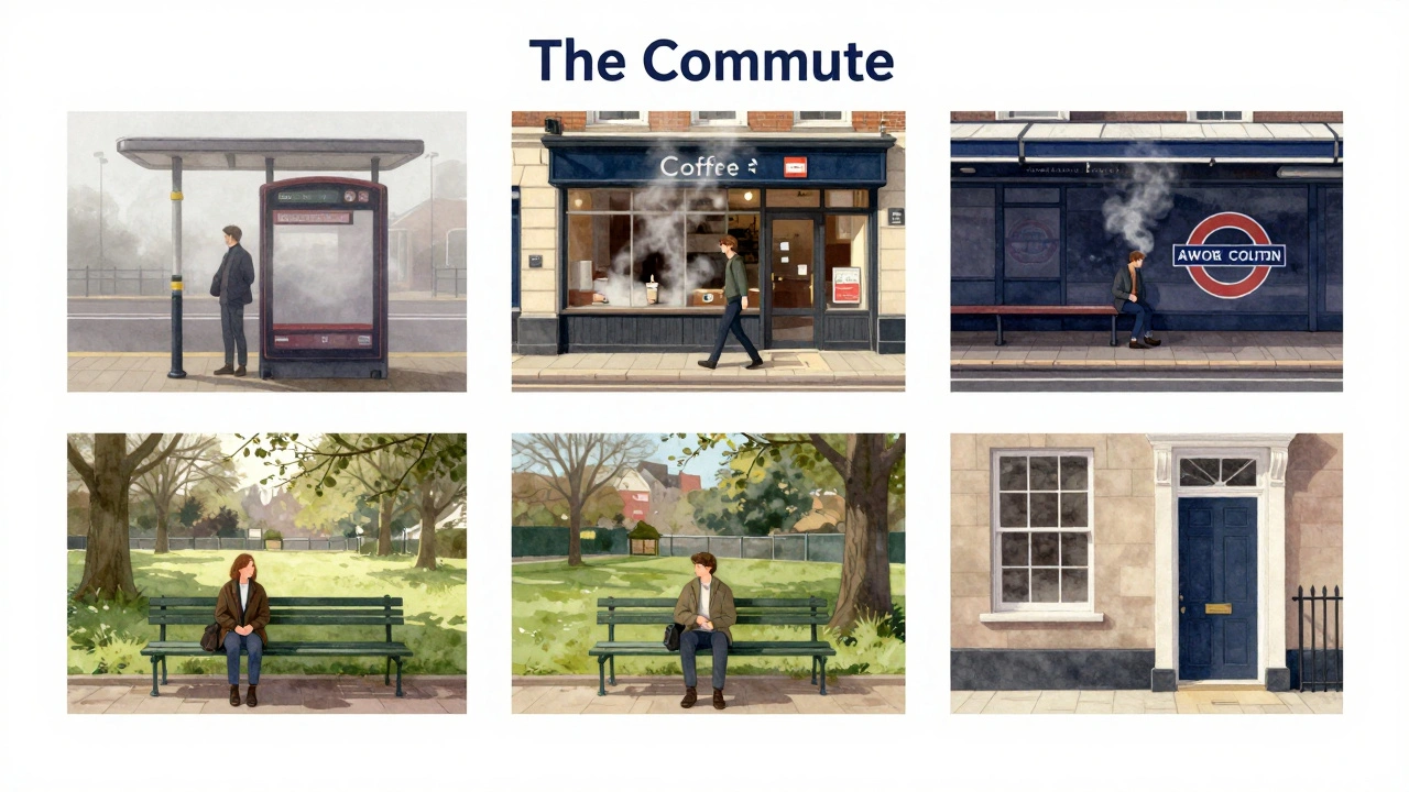 A model moves through five quiet urban scenes in the same outfit, each capturing a moment of daily life with soft, painterly light.