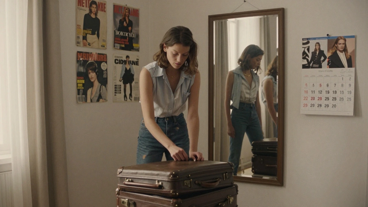 A model packs her suitcase in Paris, her younger self reflected in the mirror beside faded magazine covers.