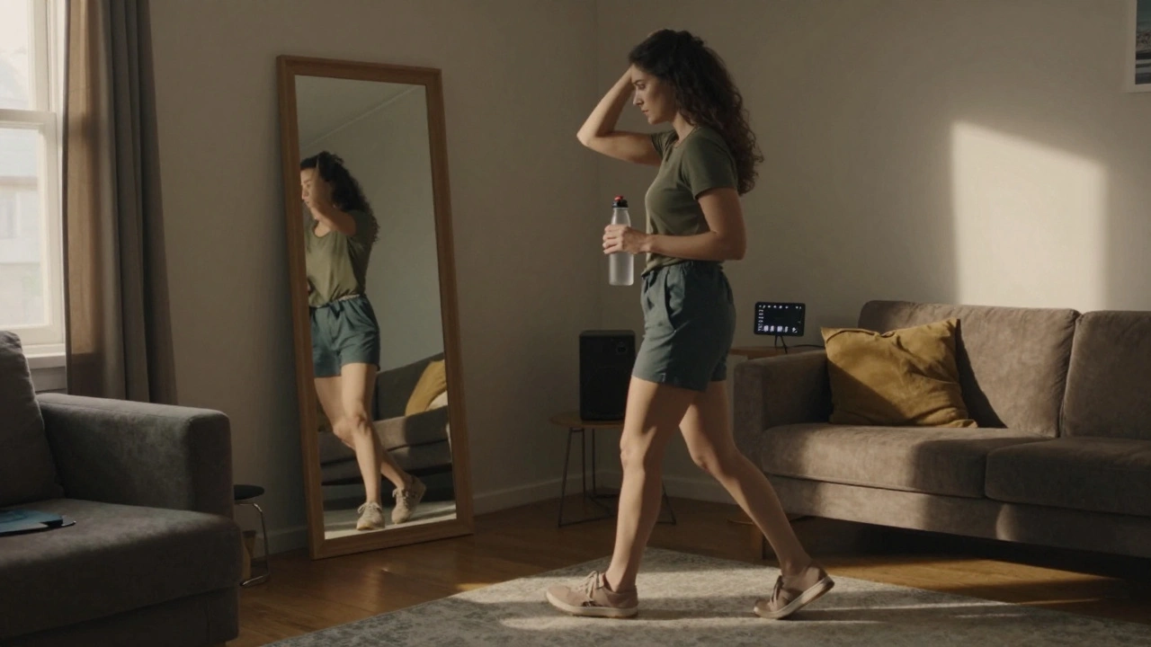 A model practicing her walk in a living room, wearing shoot attire and holding a water bottle.