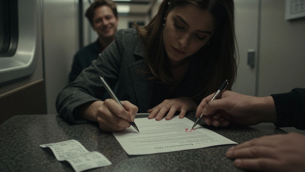 A model signs a contract under dim light, shadowy client behind her, tension in the air.