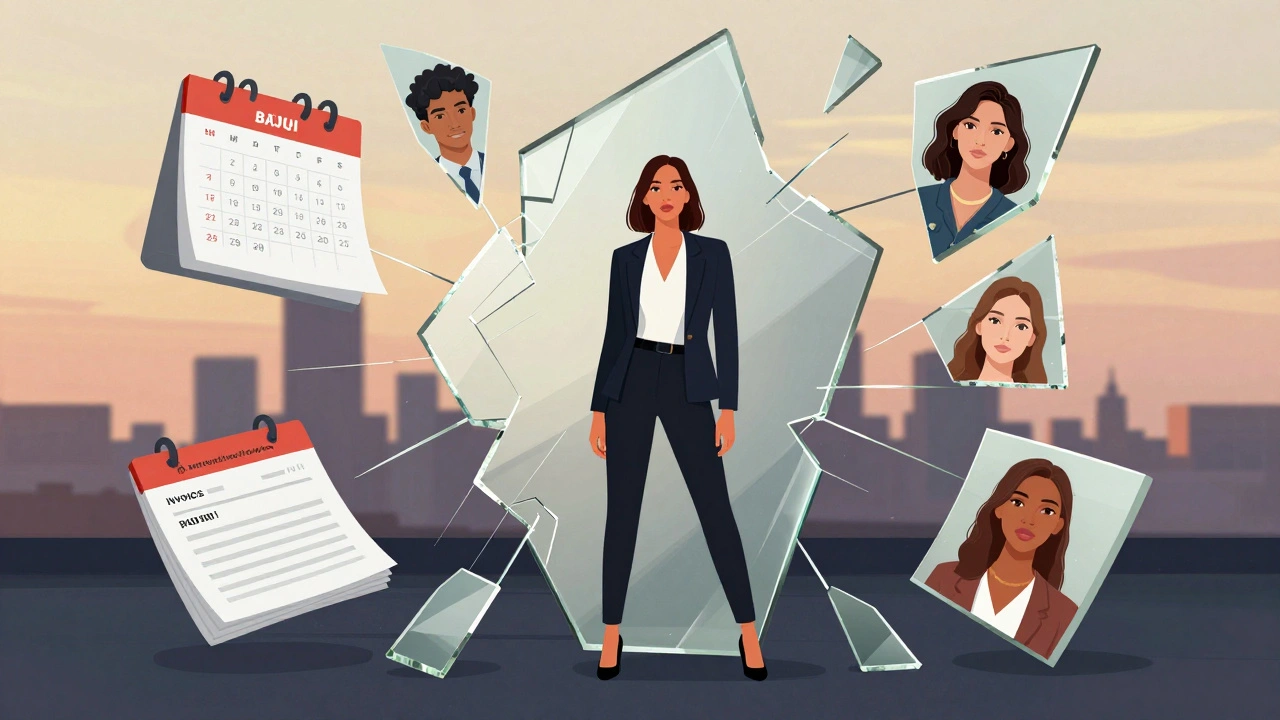 A model stands before a fractured mirror showing her professional struggles and strengths.