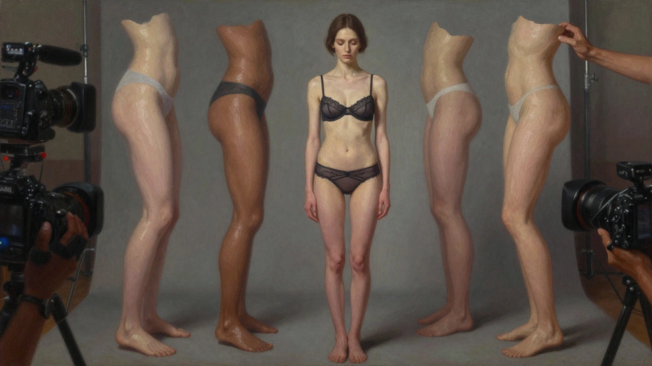 A model stands in a lingerie shoot as ghostly, distorted body parts float around her, projected by unseen forces.