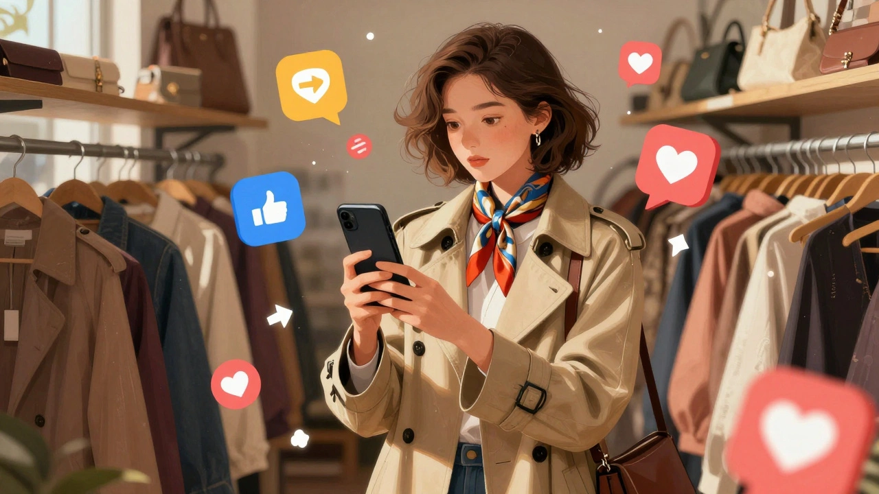 A model taking a photo in a thrift store, wearing a vintage trench coat with digital trend icons around her.
