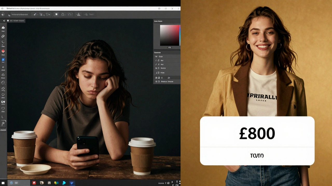 A model torn between exhaustion and success, shown in contrasting halves of a single image.