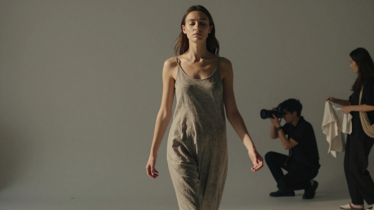 A model walking naturally in a studio, eyes closed, with photographer adjusting light behind her.