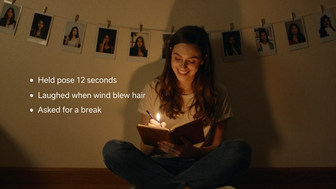 A model writing down three positive moments from a photoshoot by candlelight.