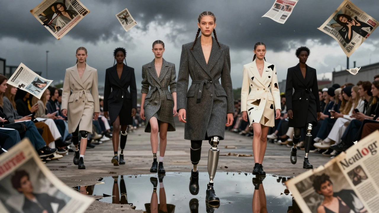 A non-binary model with a prosthetic leg on a runway, their reflection showing multiple selves as old beauty standards fade away.