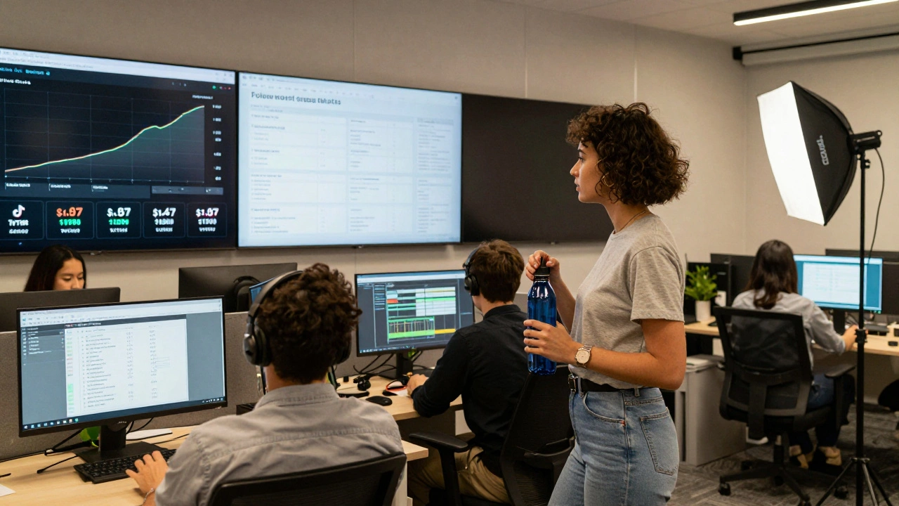 A team of digital strategists monitoring analytics screens while a model films content in a London agency office.