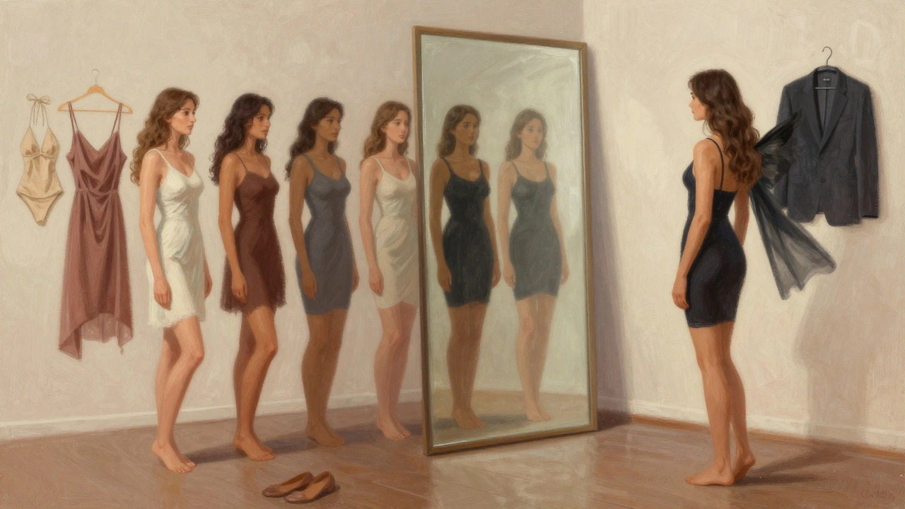 A woman looking into a mirror that reflects many versions of herself, surrounded by clothing.