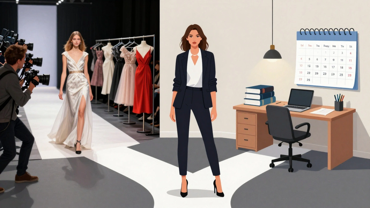A woman stands at a crossroads—one path leads to fashion runways, the other to business books and therapy appointments.