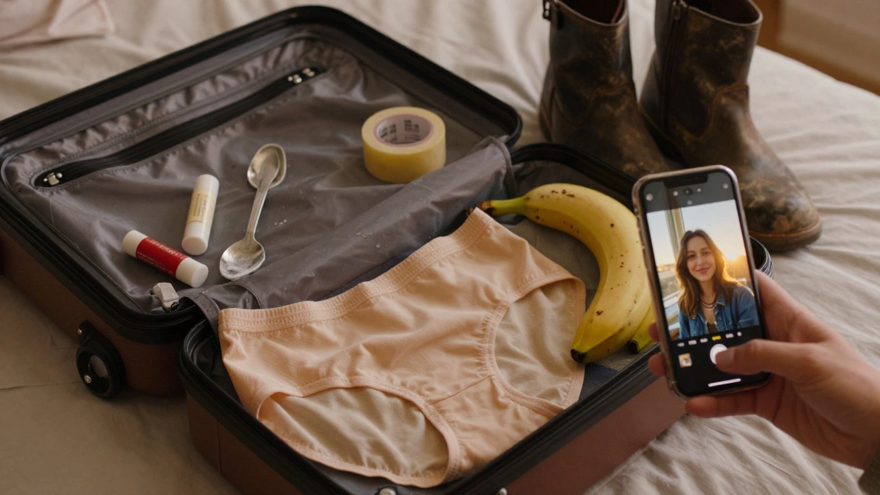 An open suitcase with model prep essentials and a phone showing a natural golden-hour selfie.