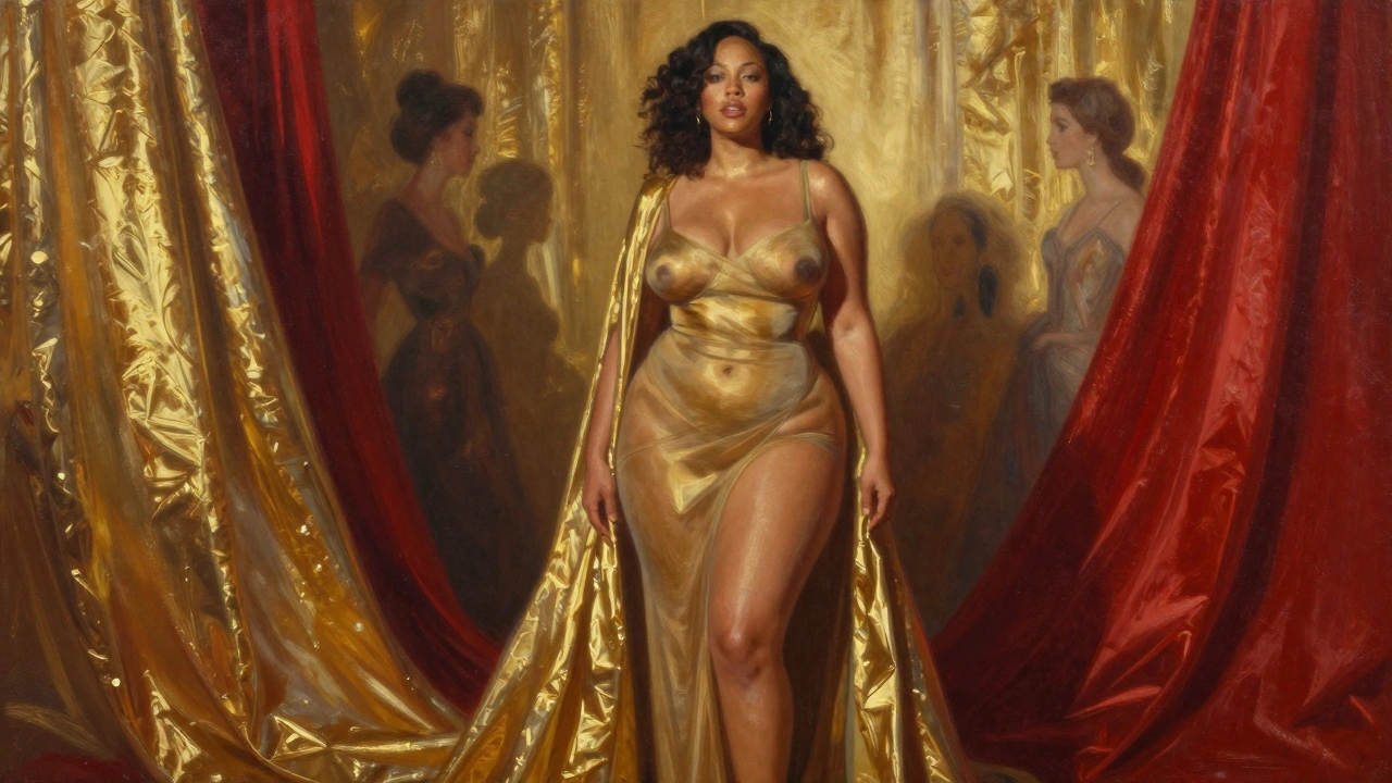 Ashley Graham in a luxurious Balmain gown at the Met Gala, radiating confidence.