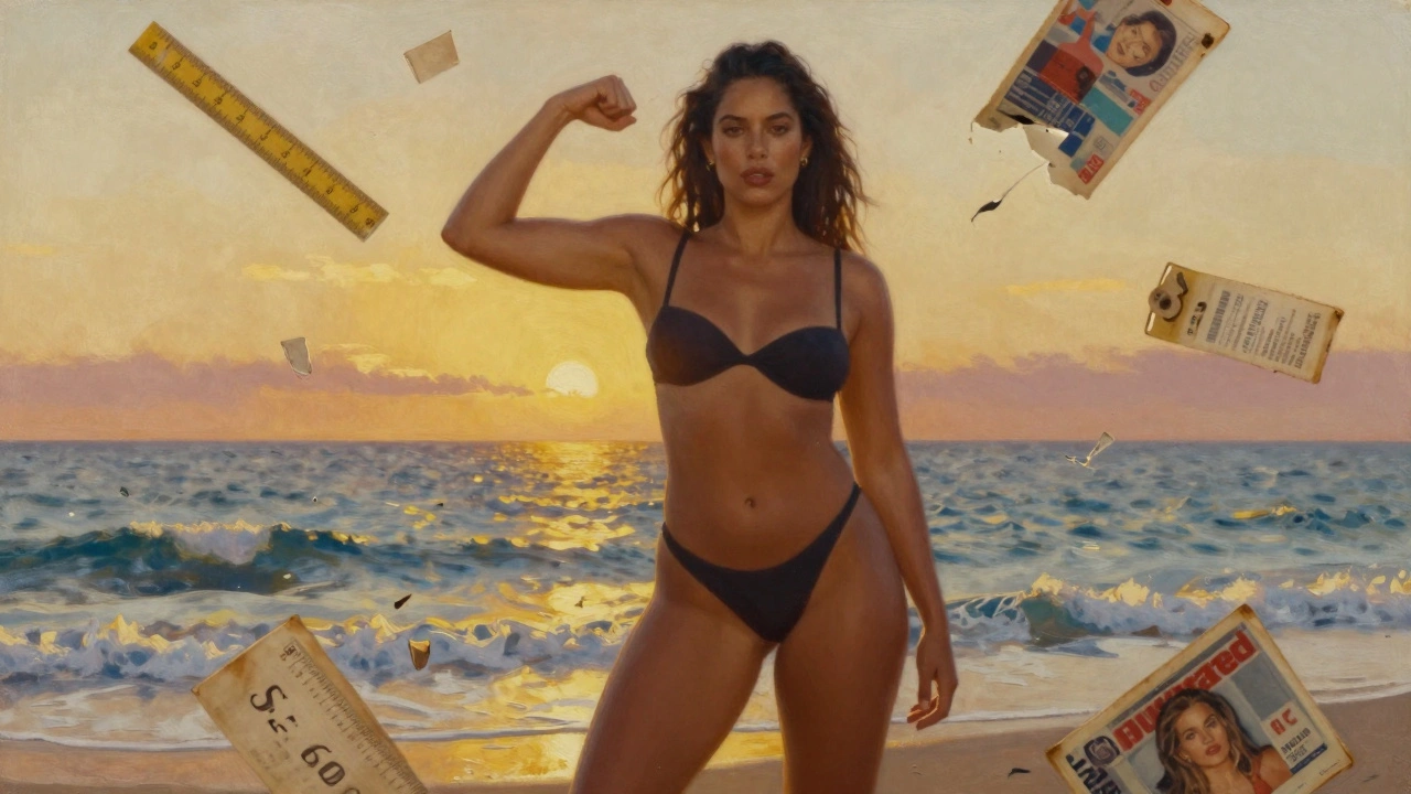 Ashley Graham on the Sports Illustrated cover at sunset, ocean behind her, symbols of outdated beauty standards dissolving around her.