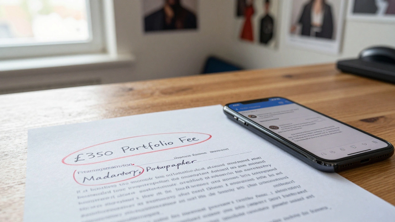 Close-up of a contract with hidden fees and a suspicious Instagram message on a smartphone.