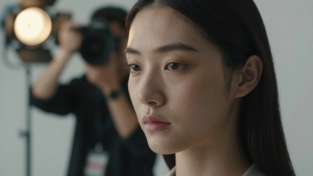 Close-up of a model’s face during a photoshoot, eyes focused on the lens, with soft cinematic lighting highlighting natural emotion.