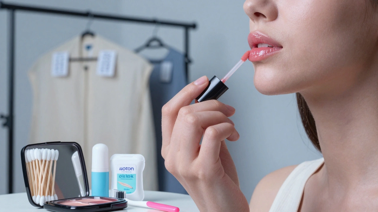 Close-up of hands applying lip gloss beside organized beauty tools on a studio table.