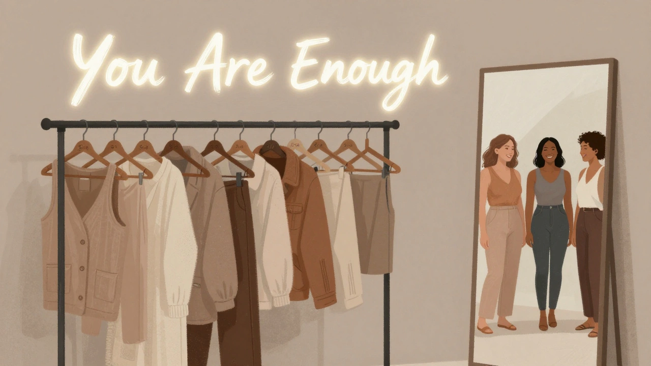 Clothing rack with sizes 0 to 40 hanging beside a mirror reflecting real women, symbolizing inclusive fashion and self-acceptance.