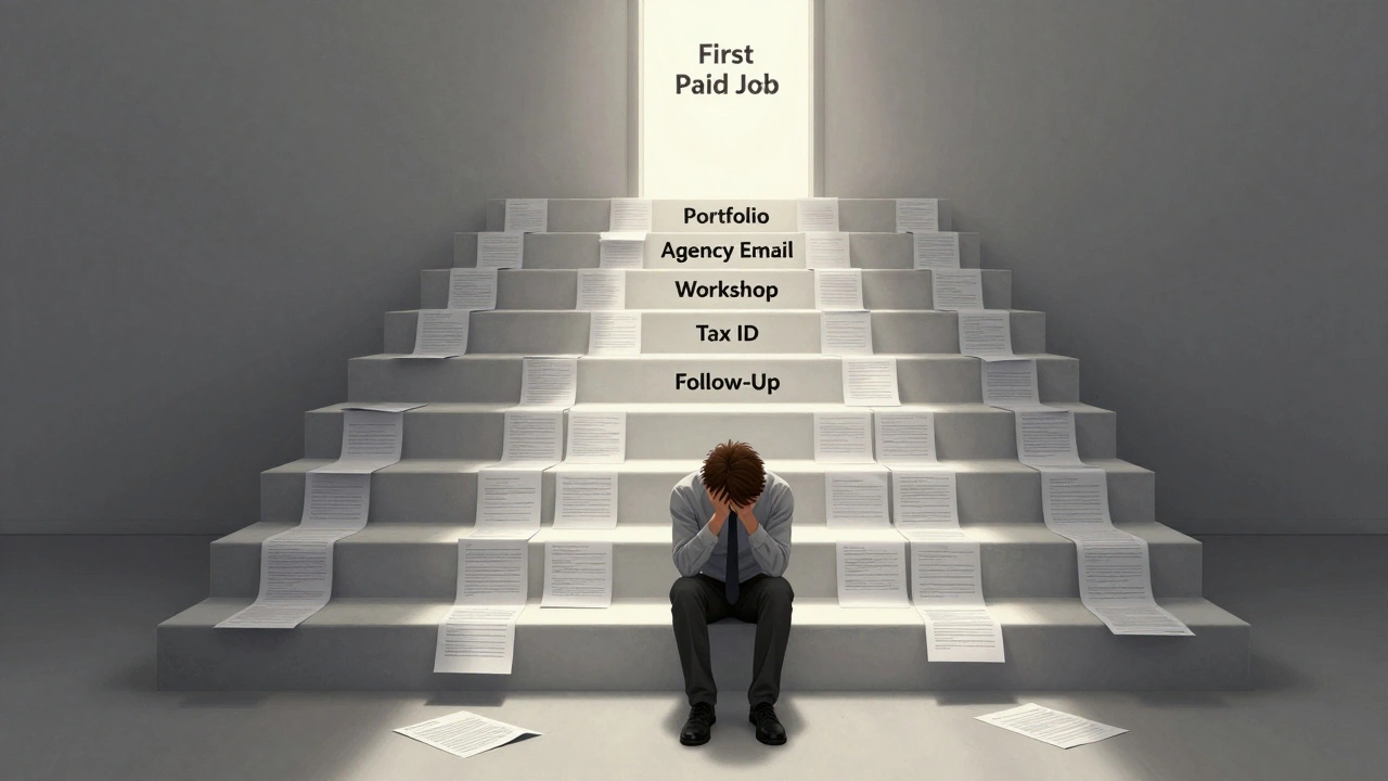Conceptual staircase of modeling steps leading from rejection to first paid job, symbolizing persistence.