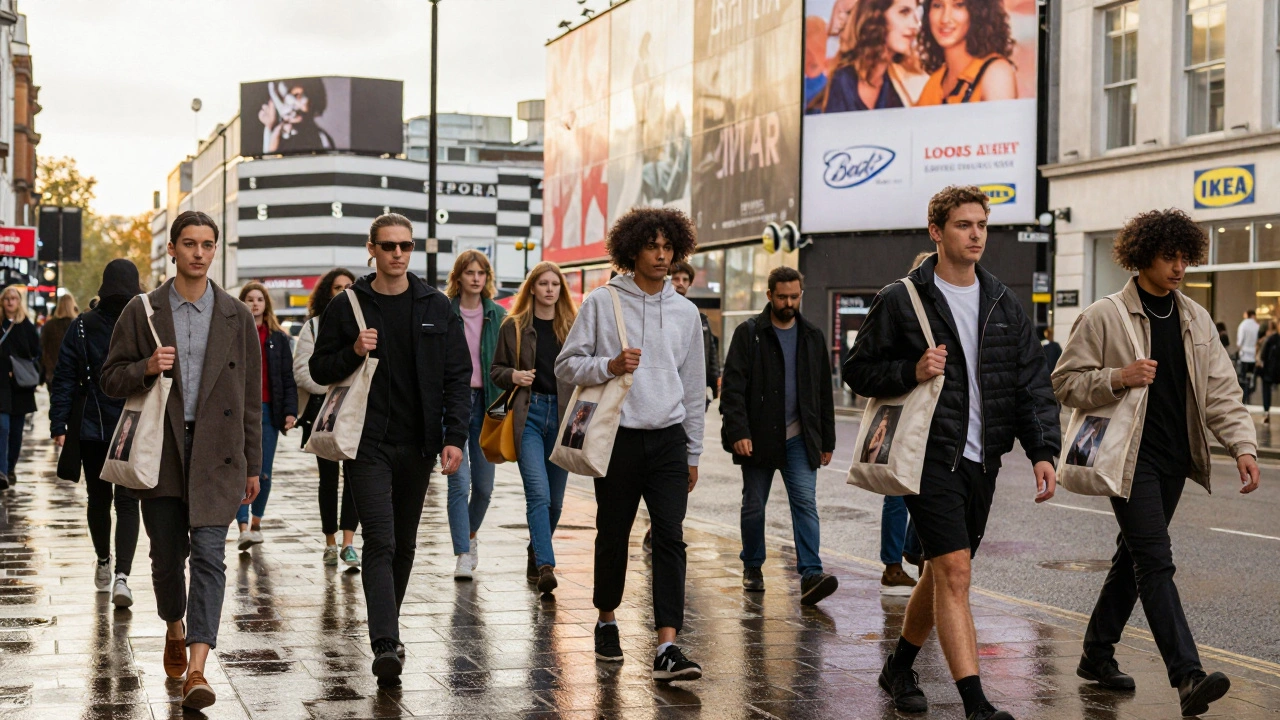 Diverse aspiring models walking down a rainy London street at golden hour.