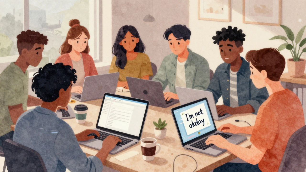 Diverse group of models in a cozy room, sharing vulnerability through laptops and handwritten notes.