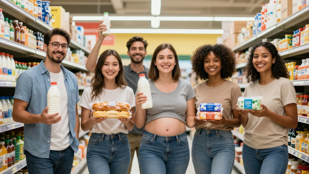Diverse models of all sizes and backgrounds shop together in a supermarket, holding everyday products with genuine smiles.