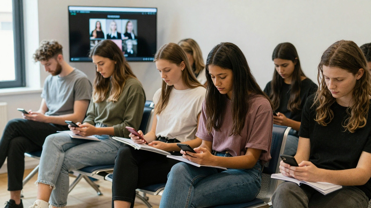 Diverse models waiting quietly in a modeling agency's reception area.