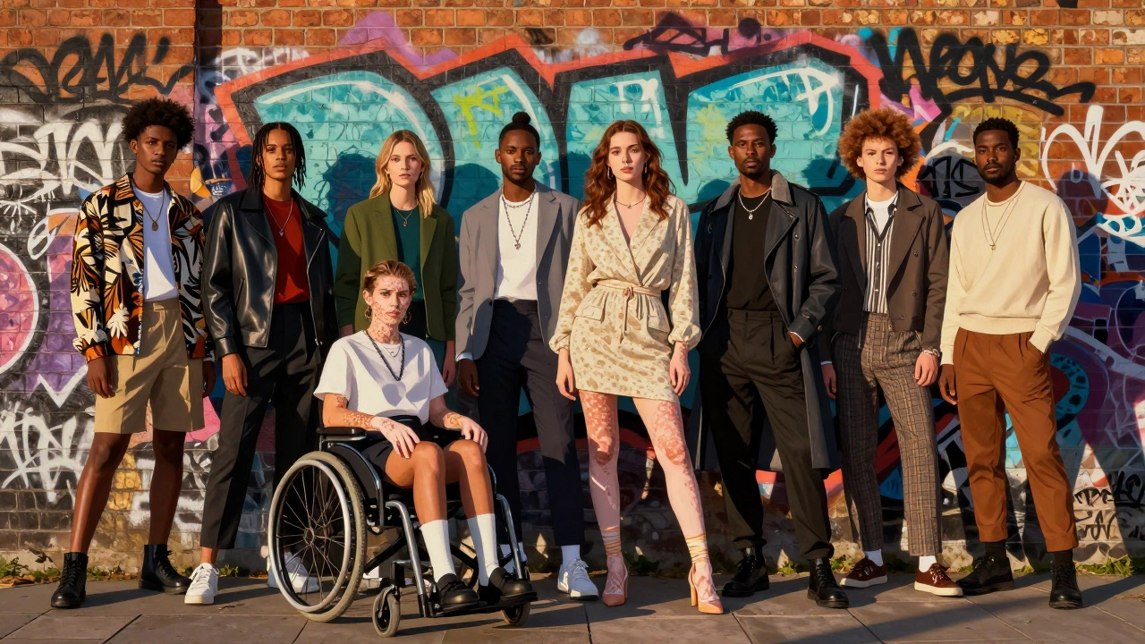 Diverse UK models of different ethnicities, sizes, and abilities standing proudly on a colorful street wall in East London.