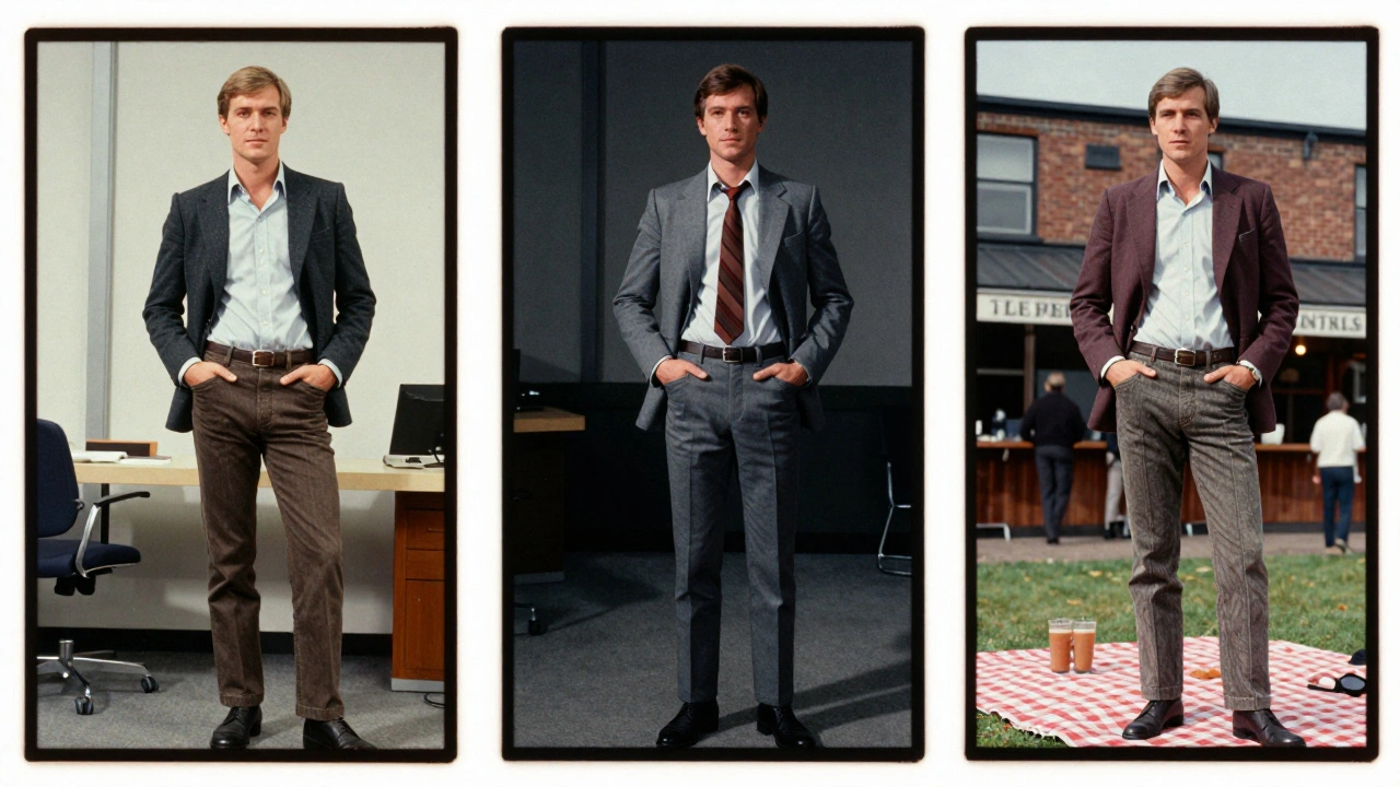 Five variations of one pose shown in a grid, each with different lighting, clothing, and setting, styled like vintage film stills.