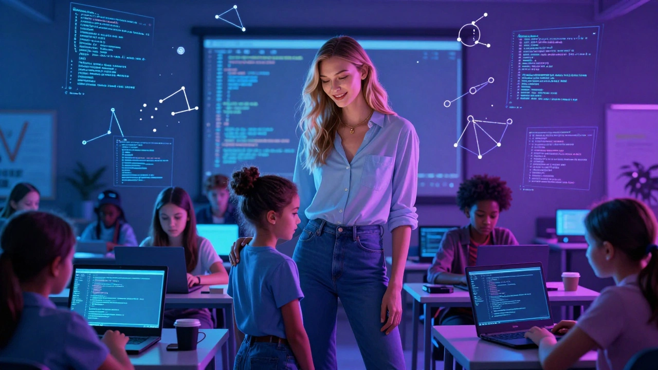 Karlie Kloss mentoring girls coding in a glowing classroom filled with digital code patterns.