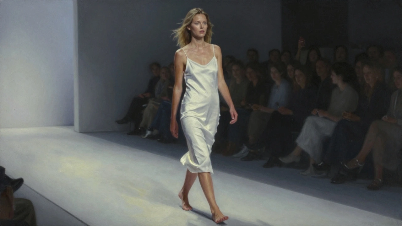 Kate Moss barefoot in a white slip dress, soft light on her face, quiet and ethereal on a minimalist runway.