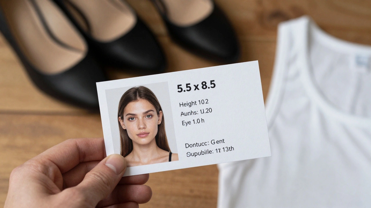 Matte finish comp card with natural headshot and essential modeling stats, resting beside simple clothing and heels.