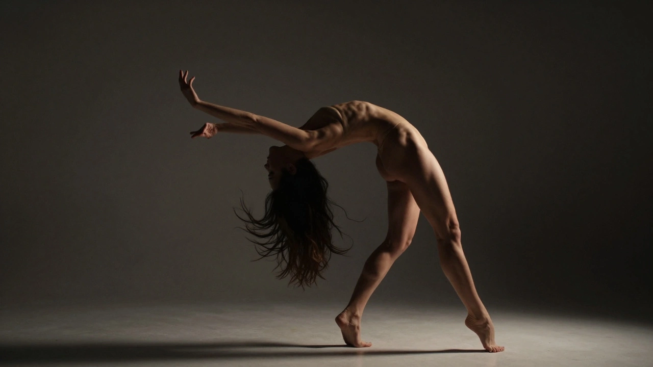 Model in dramatic back arch pose under sharp studio light, sculptural and intense.