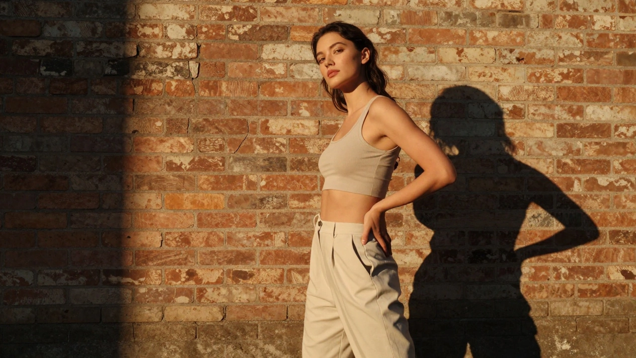 Model leaning against a brick wall, relaxed yet confident, golden hour lighting.