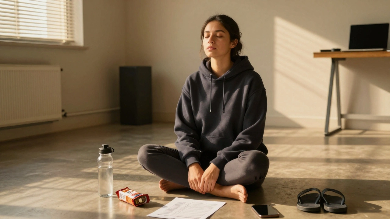 Model relaxing in dark hoodie during shoot break, water bottle and flip-flops nearby.
