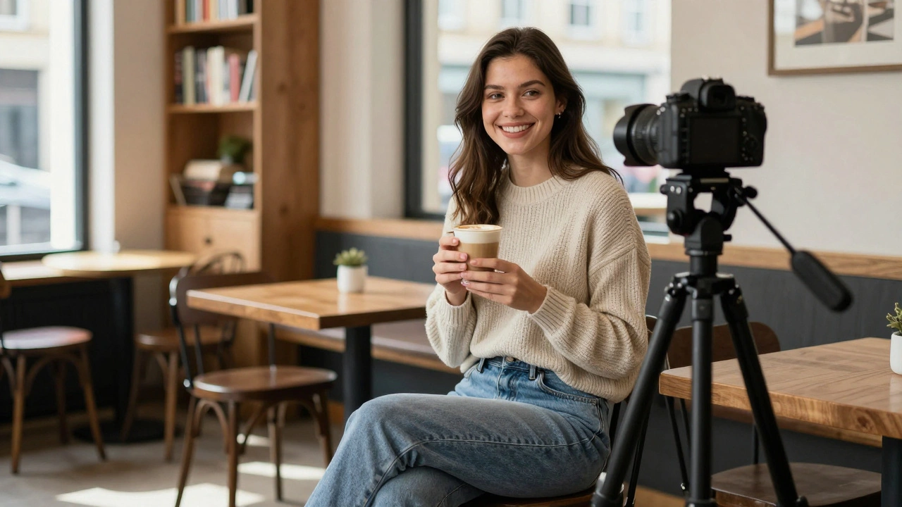 Model smiling naturally in a cozy café holding a latte