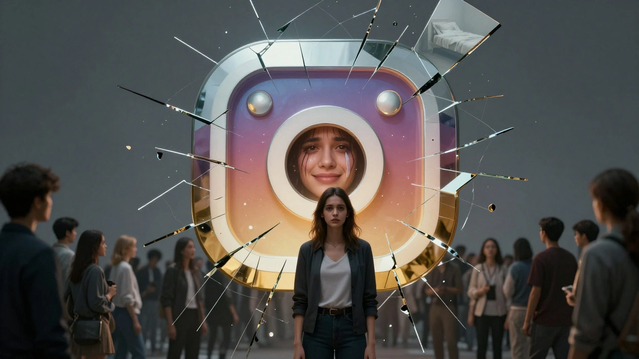 Model stands before a fractured Instagram logo made of mirrors reflecting different emotions.